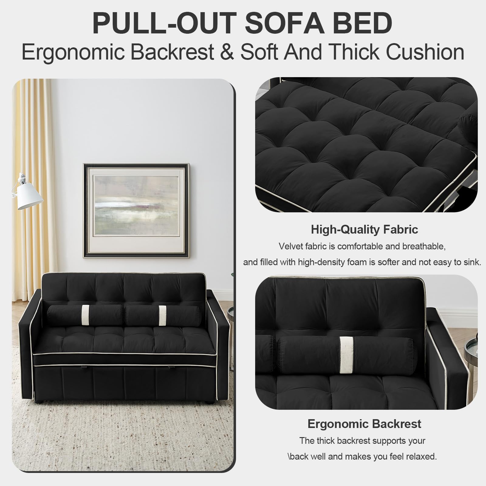 3-in-1 Convertible Sleeper Sofa Bed,55.5" Modern Tufted Velvet Pull Out Couch Bed,Futon Small Love Seat Sofa with Adjustable Backrest&Cylinder Pillows for Living Room,Apartment,Small Places(Black)