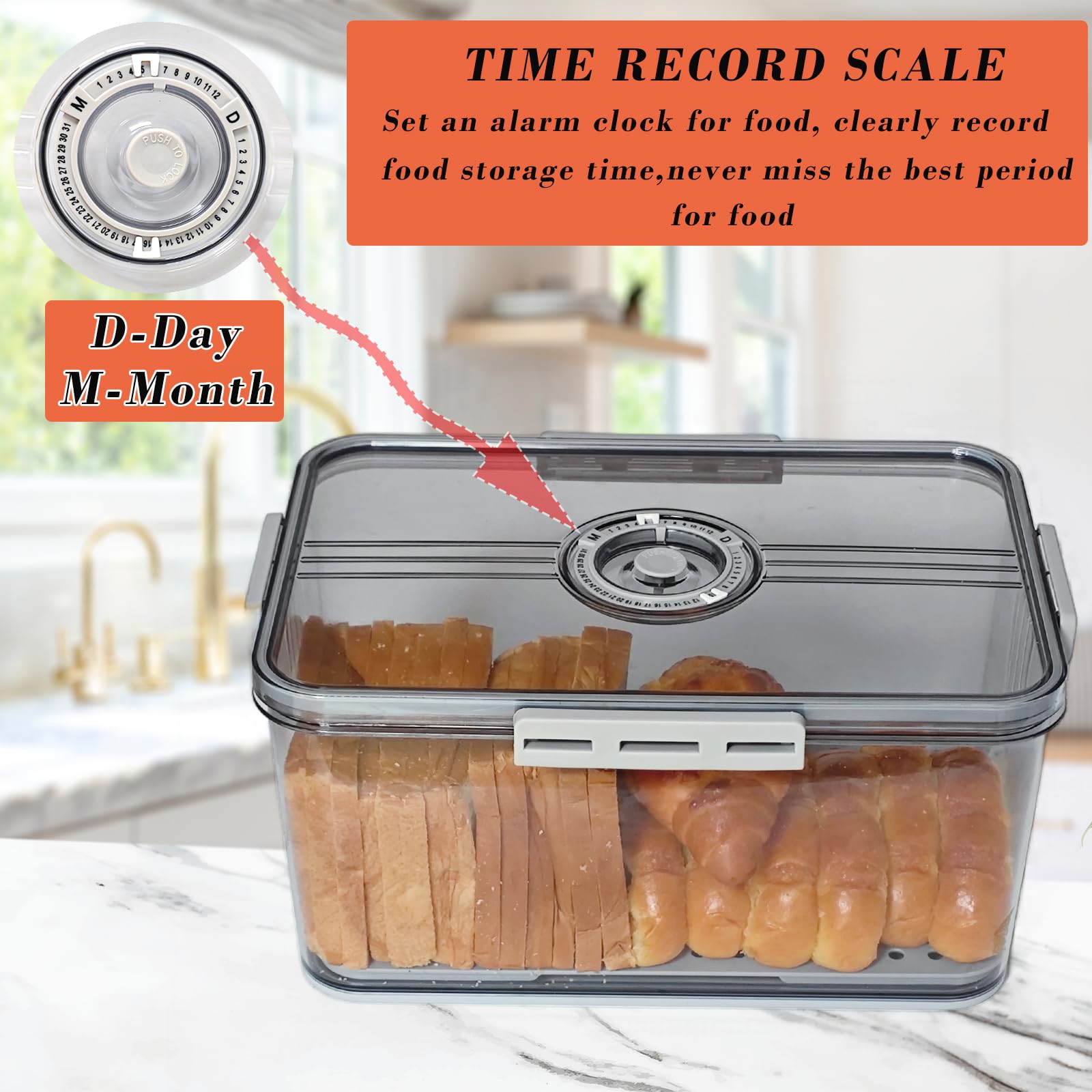 Bread Box with Lid for Kitchen Counter, 10L Airtight Loaf Bread Storage Container，Time Recording Bread Keeper for Homemade Bread, Toast, Bagel, Donut and Cookies (Grey)