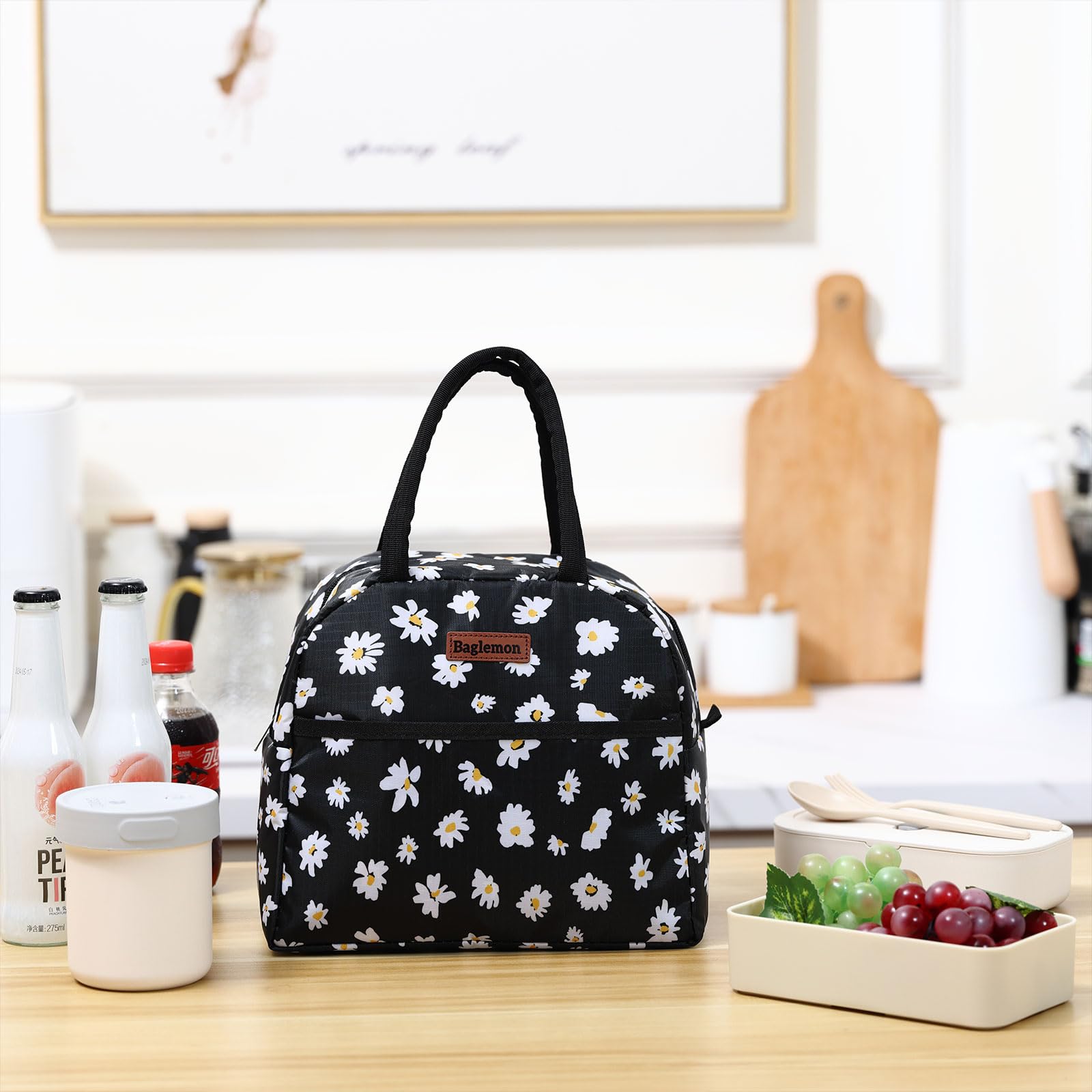 Baglemon Insulated Lunch Bag for Women Men, Lunch Containers Reusable High Capacity Lunch Tote Bags for for Work Picnic(Black Daisy)