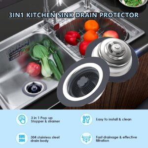 Upgraded 3 in 1 Kitchen Sink Drain Strainer 304 Stainless Steel Pop up Kitchen Sink Stopper Kit Basket Strainer with for Standard 3-1/2 inch Drain Filter, Anti-Clogging and Detachable