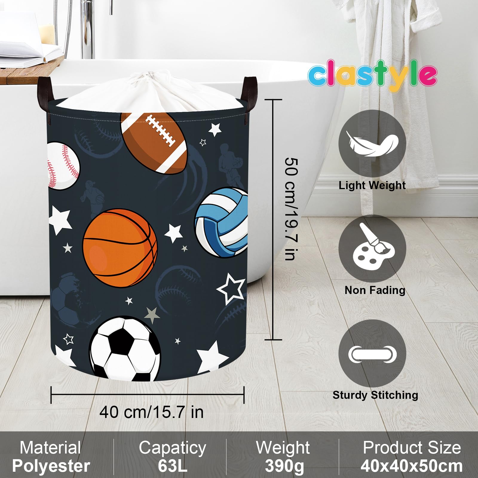 Clastyle 63L Large Sport Balls Kid Laundry Hamper with Handle for Boy Collapsible Clothes Toy Storage Basket with Lid for Bedroom Bathroom Nursery