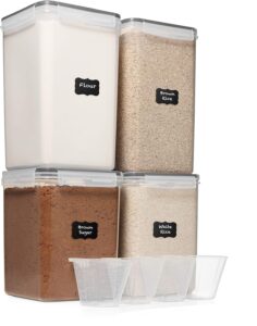 white feather supplies 4 pc large food storage containers with lids airtight - flour sugar storage container for kitchen, bpa free plastic cereal containers storage [2 x 6.5 + 2 x 5.2] 4 measuring cup