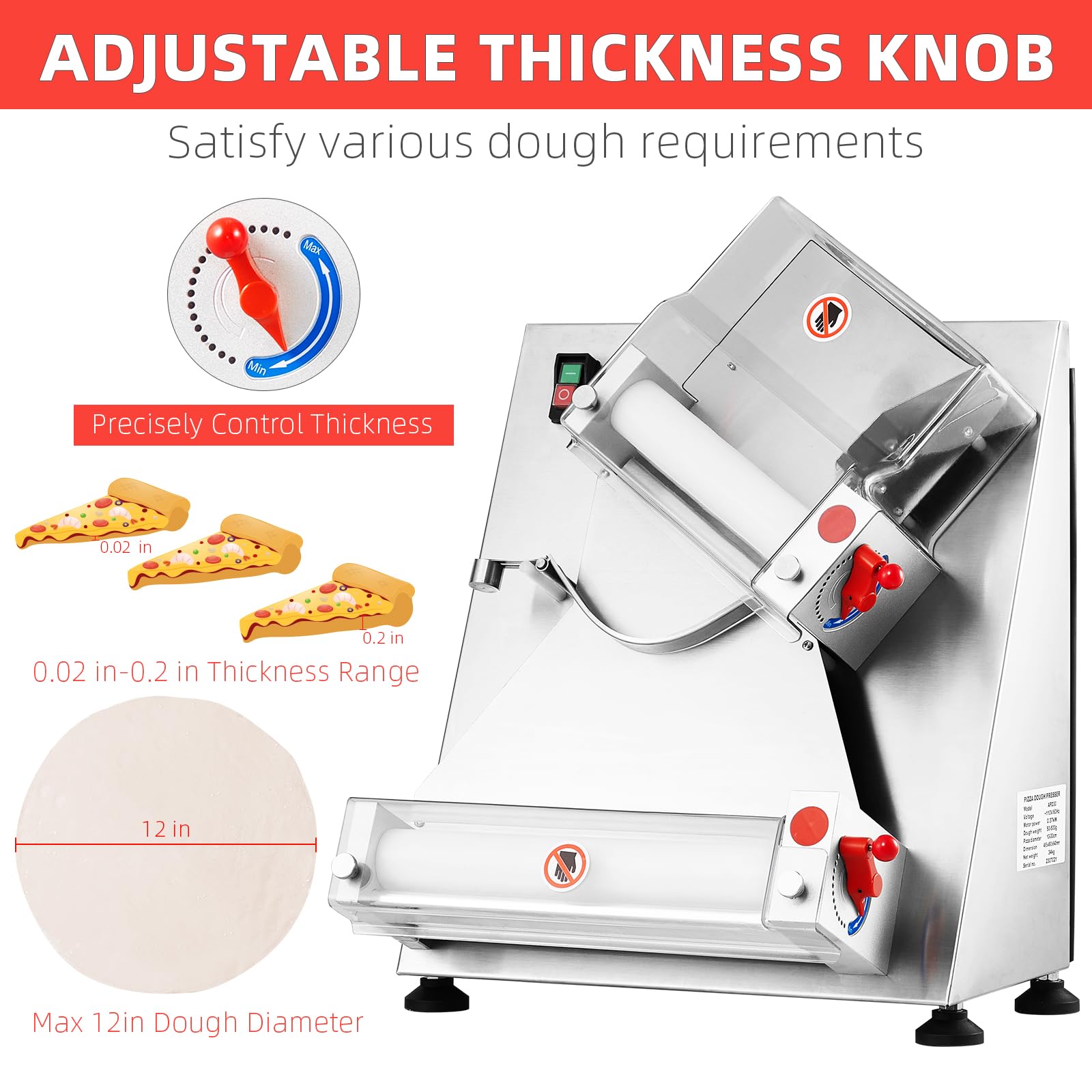 Pizza Dough Roller Sheeter, Max 12" Automatic Commercial Dough Roller Sheeter, 370W Electric Pizza Dough Roller Stainless Steel, Suitable for Noodle Pizza Bread and Pasta Maker Equipment