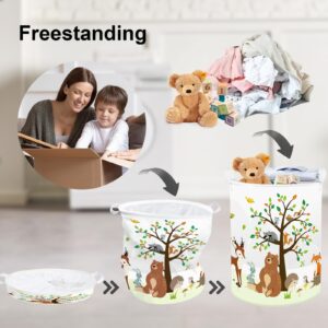 Clastyle 63L Large Woodland Animal Tree Kid Laundry Hamper with Handle for Boy Girl Collapsible Clothes Toy Storage Basket with Lid for Bedroom Bathroom Nursery