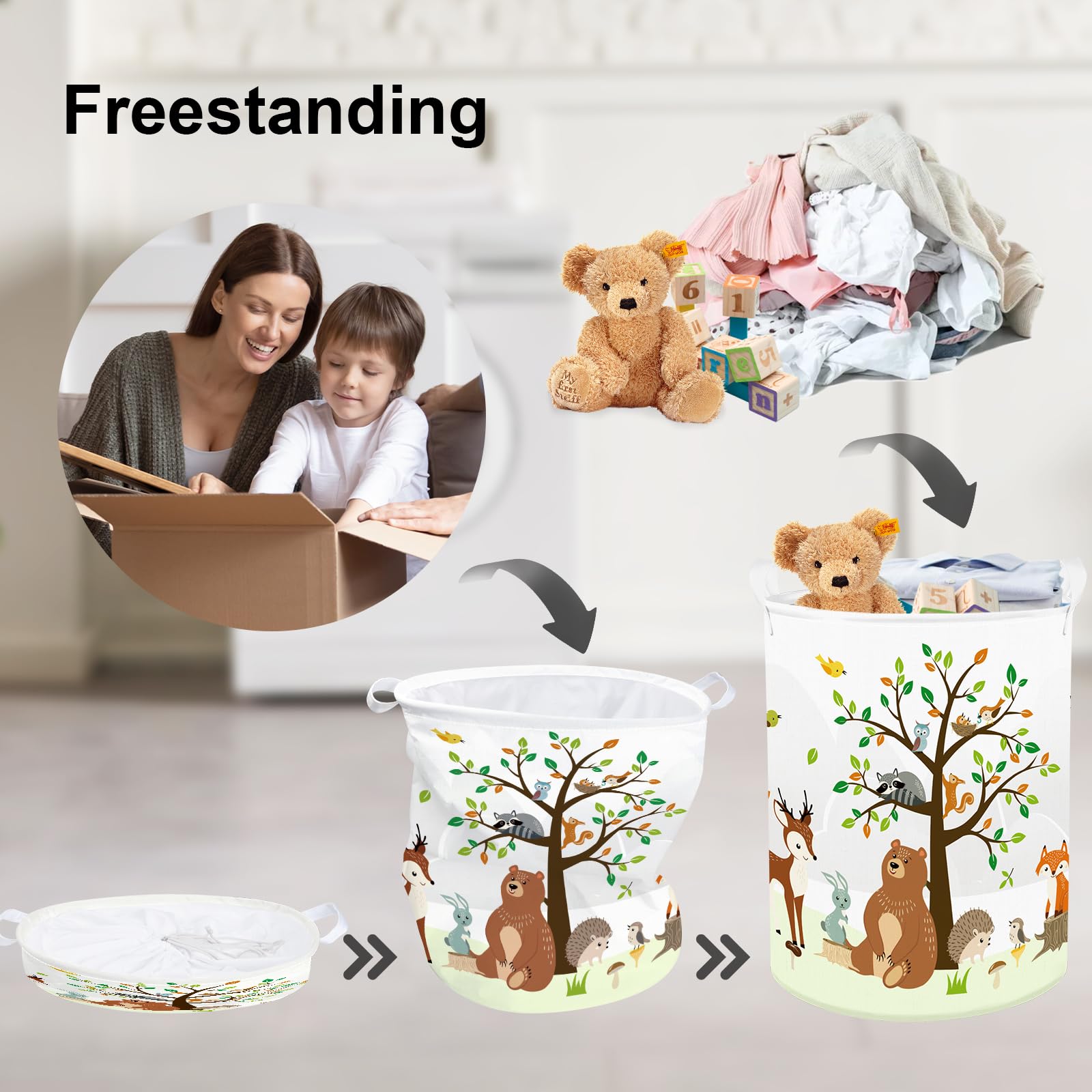 Clastyle 63L Large Woodland Animal Tree Kid Laundry Hamper with Handle for Boy Girl Collapsible Clothes Toy Storage Basket with Lid for Bedroom Bathroom Nursery