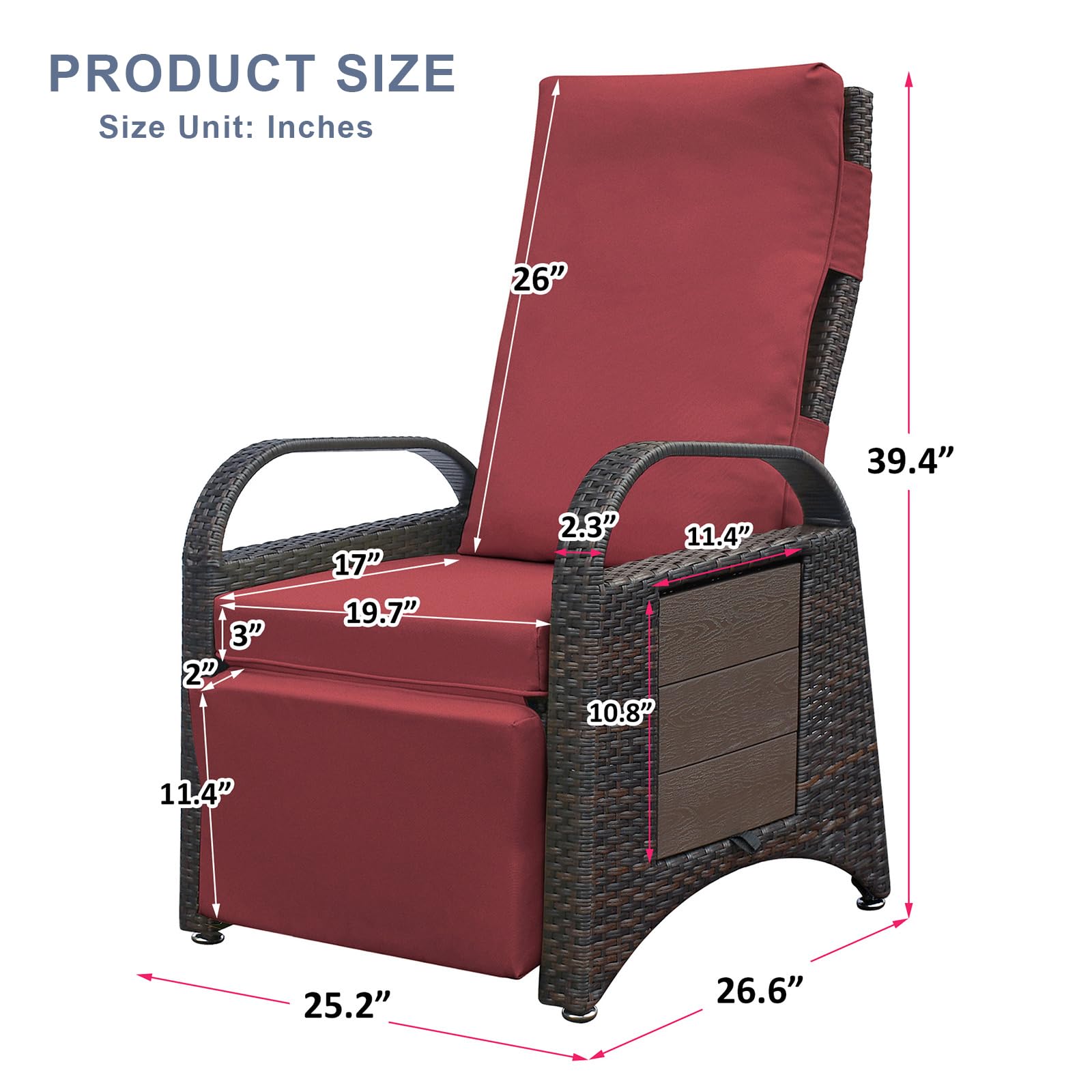 Skypatio Outdoor Patio Recliner Chair, Independently Adjustable Backrest and Footrest All-Weather Wicker Patio Reclining Lounge Chair with Flip Side Table, Red