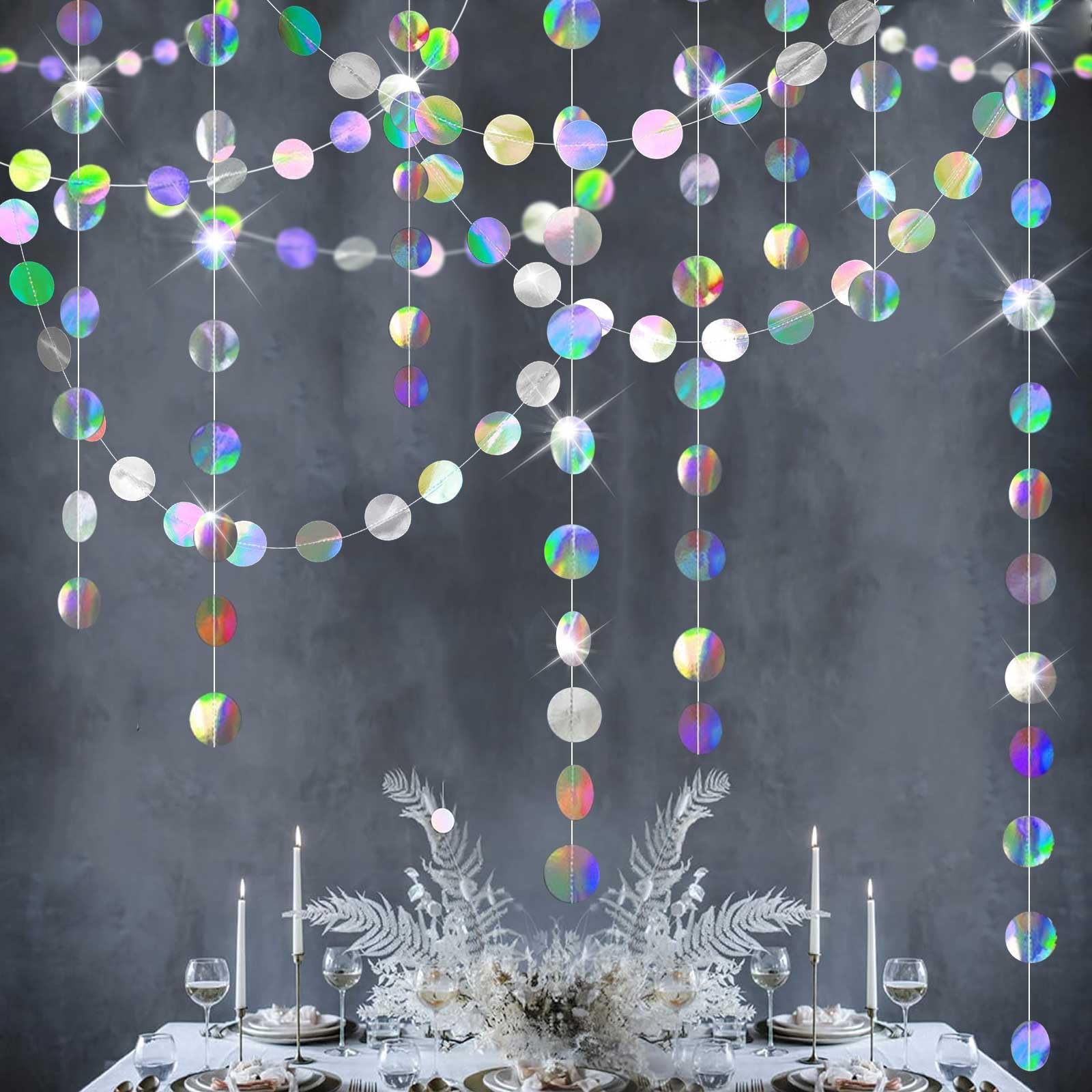 Fecedy 4 Pack Holographic Circle Shiny Garlands Iridescent Banner Hanging Streamer for Baby Shower Graduation Wedding Birthday Party Decoration