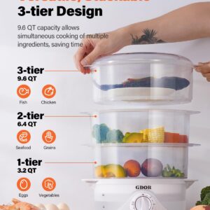 GDOR 3 Tier Electric Food Steamer for Cooking, 800W Vegetable Steamer for Fast Simultaneous Cooking, Boil Dry Protection, Dishwasher Safe, 60-Minute Timer, BPA-Free, 9.6 QT, White