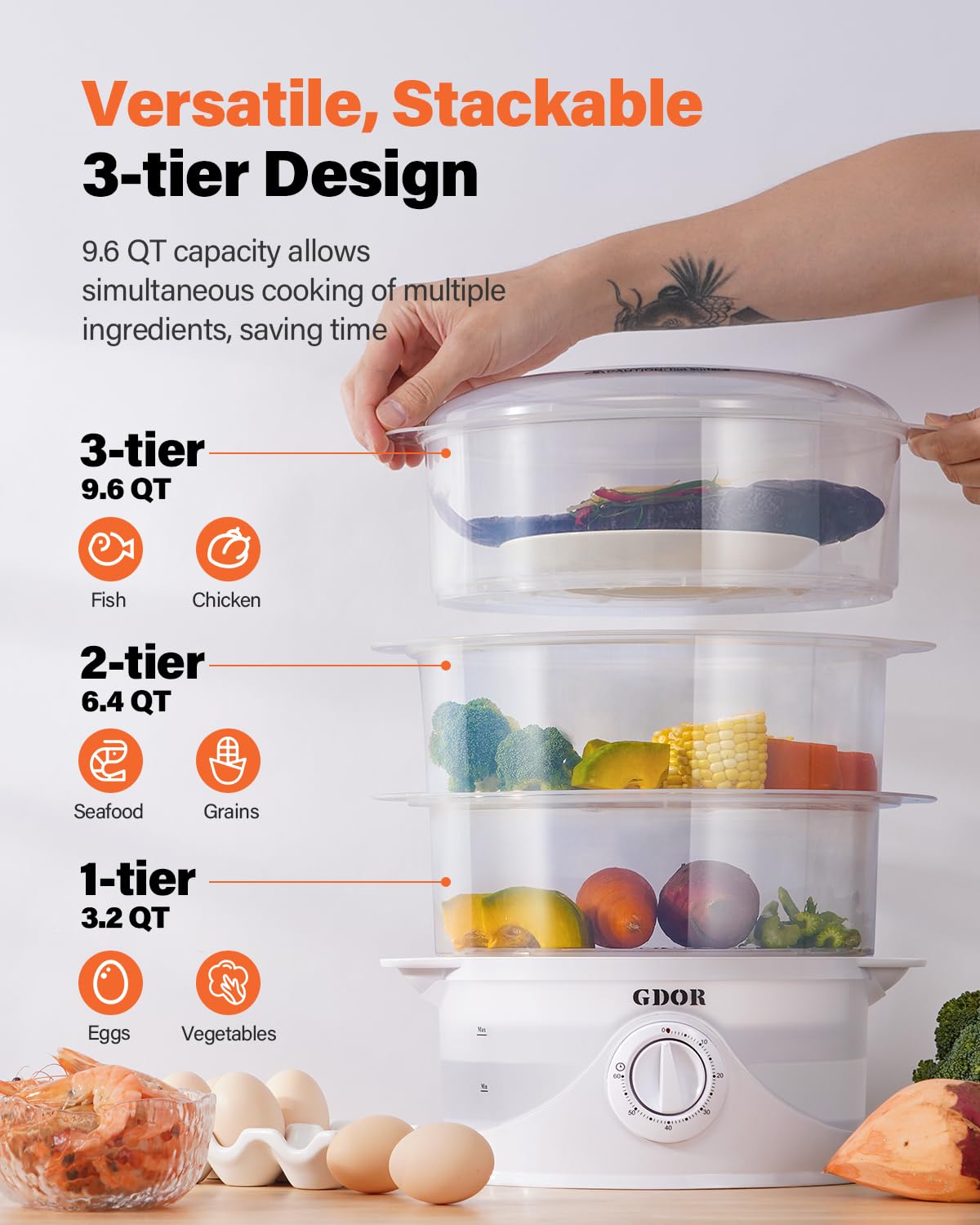 GDOR 3 Tier Electric Food Steamer for Cooking, 800W Vegetable Steamer for Fast Simultaneous Cooking, Boil Dry Protection, Dishwasher Safe, 60-Minute Timer, BPA-Free, 9.6 QT, White