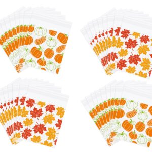 JarThenaAMCS 320Pcs Fall Self Adhesive Treat Bags Pumpkin Maple Leaves Cellophane Bags Clear Candy Bags Plastic Goodie Bags for Autumn Harvest Party Gift Snack Wrapping Supplies