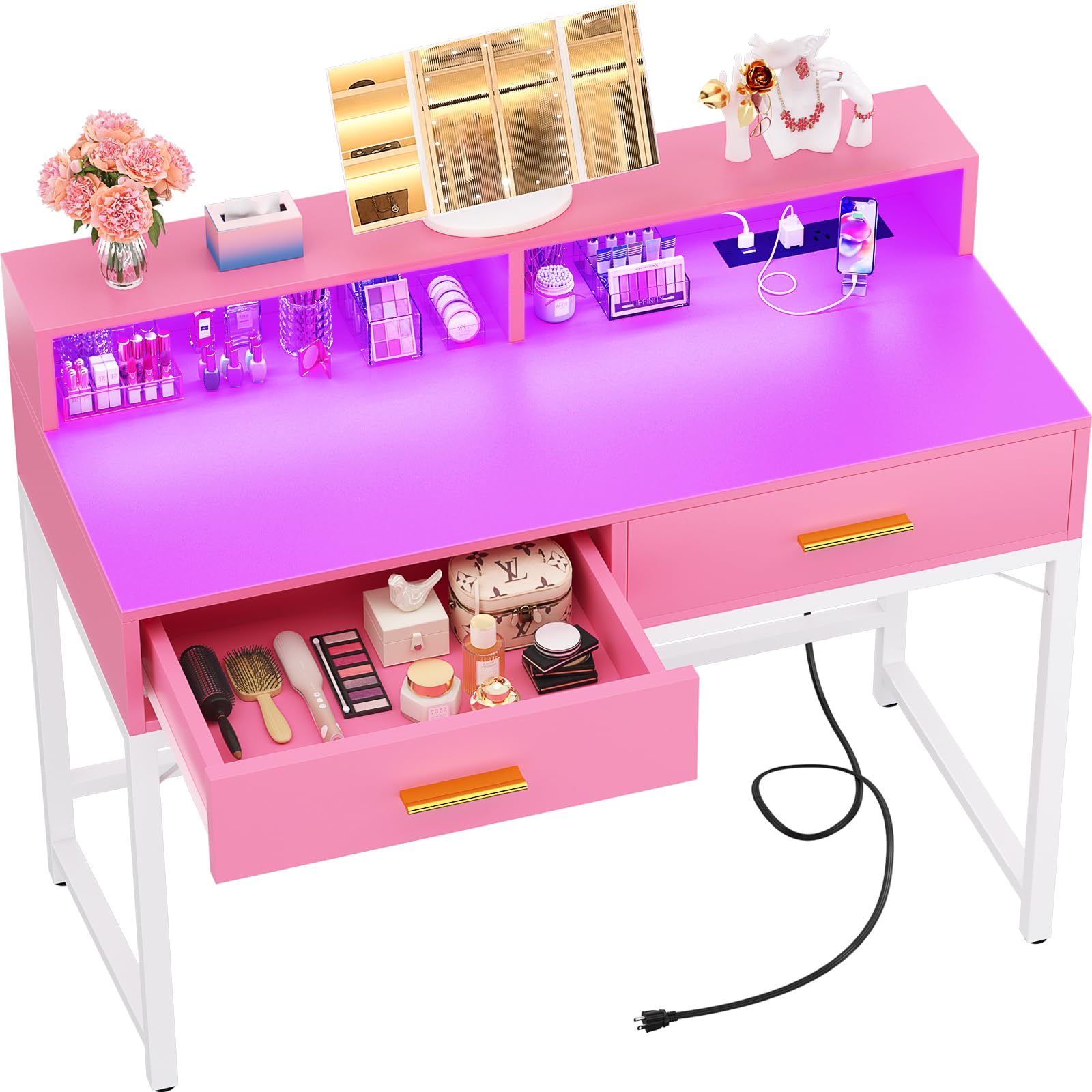 Cyclysio Vanity Desk with Mirror and Lights, 36 Inch Makeup Vanity with 2 Wooden Drawers & Storage Shelves, Pink Small Vanity with Power Outlets and LED Lights for Small Space, Bedroom, Pink