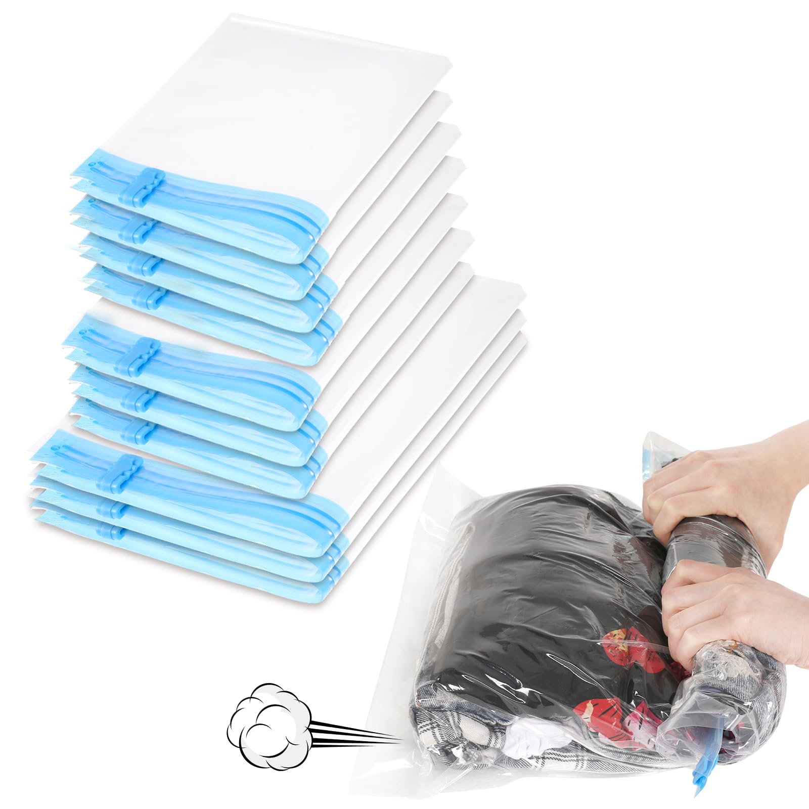 10 Pack Compression Bags Travel Essentials Space Saver Bags Hand Roll-Up Airtight Vacuum Storage Bags Clothes Organizers Home Packaging Pouch for Shoes Cosmetics Comforters Bedding