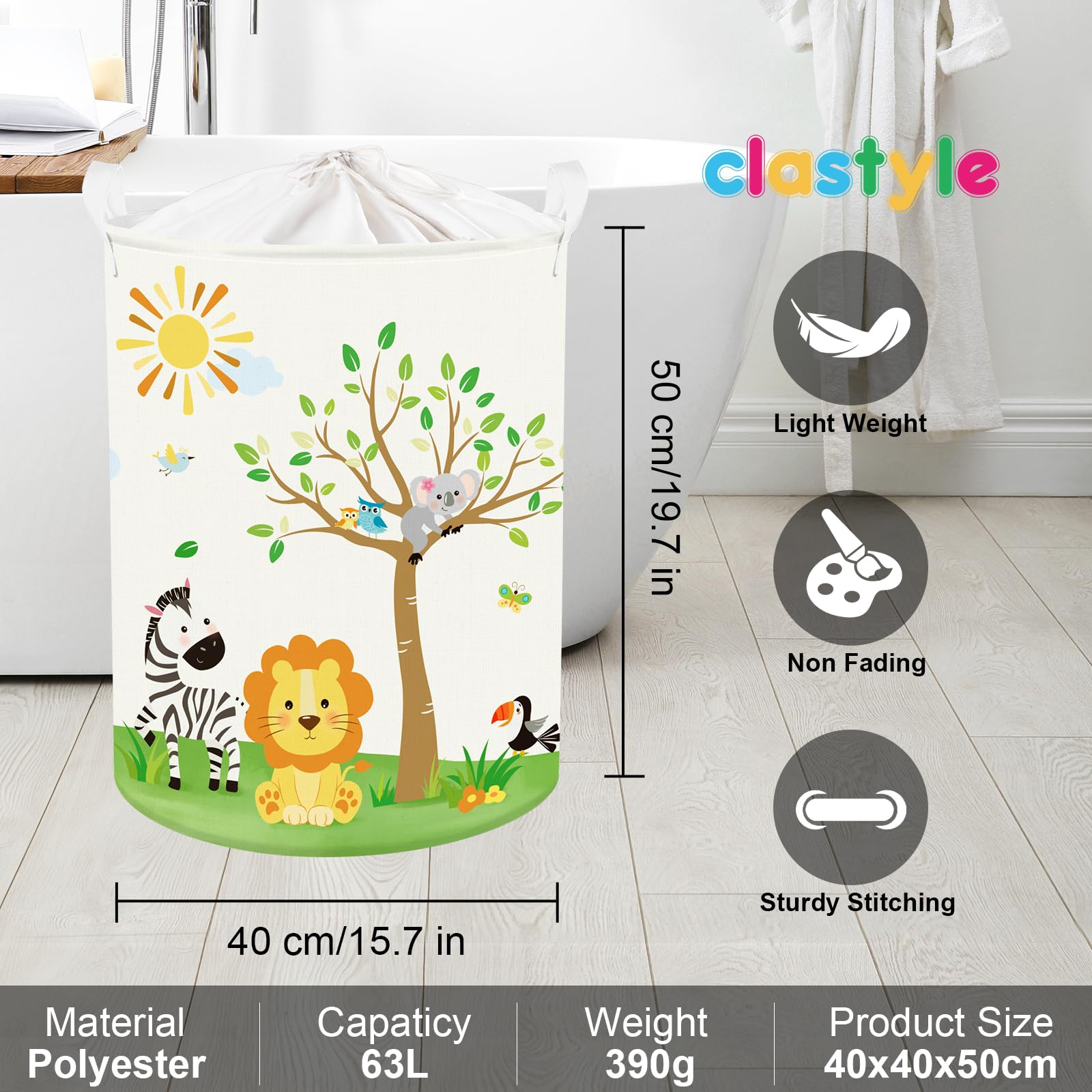 Clastyle 63L Large Jungle Animal Tree Kid Laundry Hamper with Handle Boy Girl Bedroom Bathroom Nursery Collapsible Clothes Toy Storage Basket with Lid