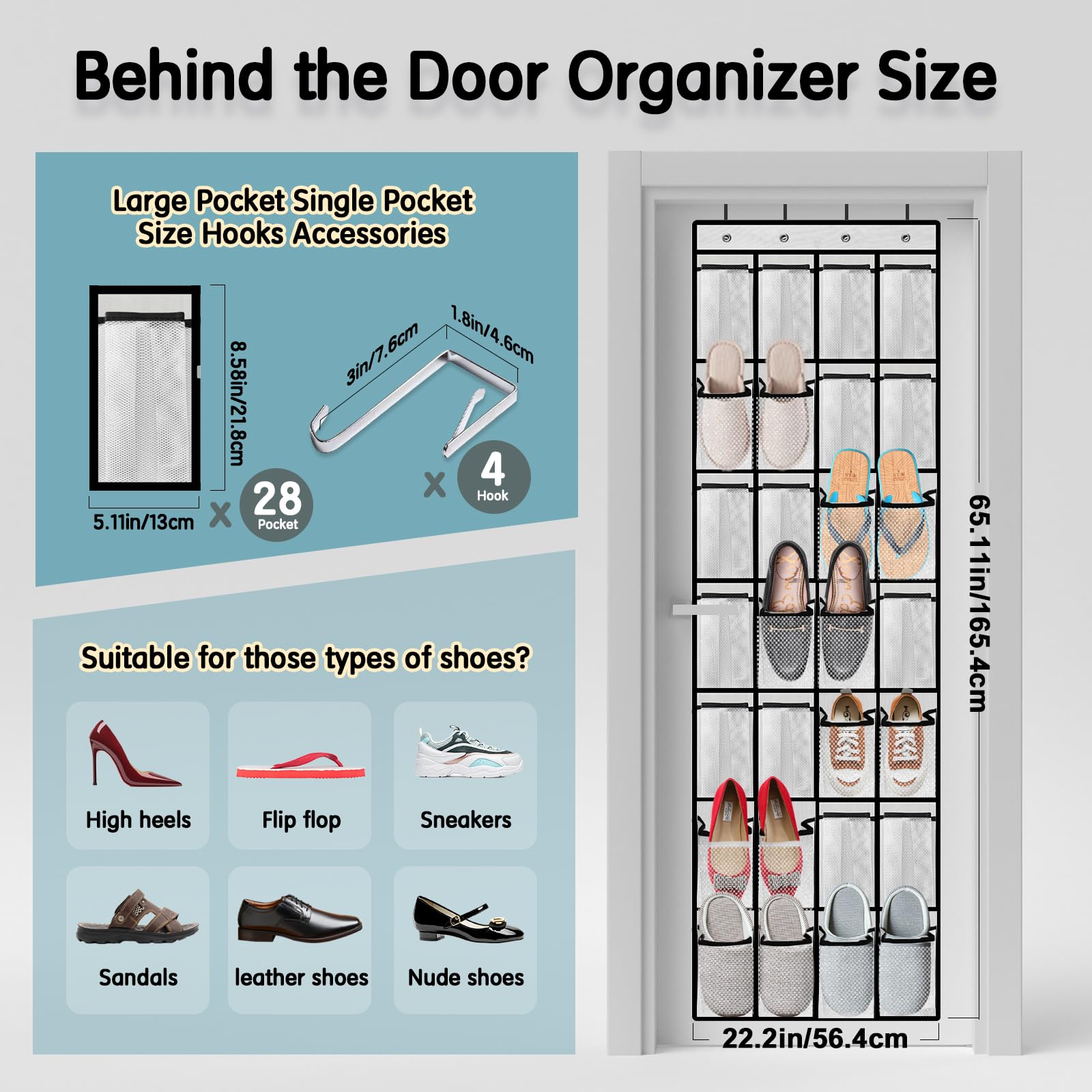 28 Compartment Breathable Mesh Pocket Over the Door Hanging Shoe Organizer, Closet Shoe Organizer, Large Men's and Women's Shoe Organizer, Hanging Over the Door Shoe Organizer (White)