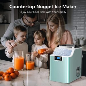 Nugget Ice Makers Countertop, 45lbs/Day Portable Ice Maker for Party Chewable Pellet Ice Maker Machine with Self-Cleaning, 3.3lbs Basket, LCD Screen, Cushed Ice Maker for Kitchen,Stainless Steel Green