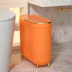 bbJJbbY Bathroom Trash Can Slim Trash Can 3.2 Gallons Kitchen Garbage Can with Press Top Lid Plastic Trash Bin Waste Basket for Bedroom, Office, Living Room Orange Home Supplies