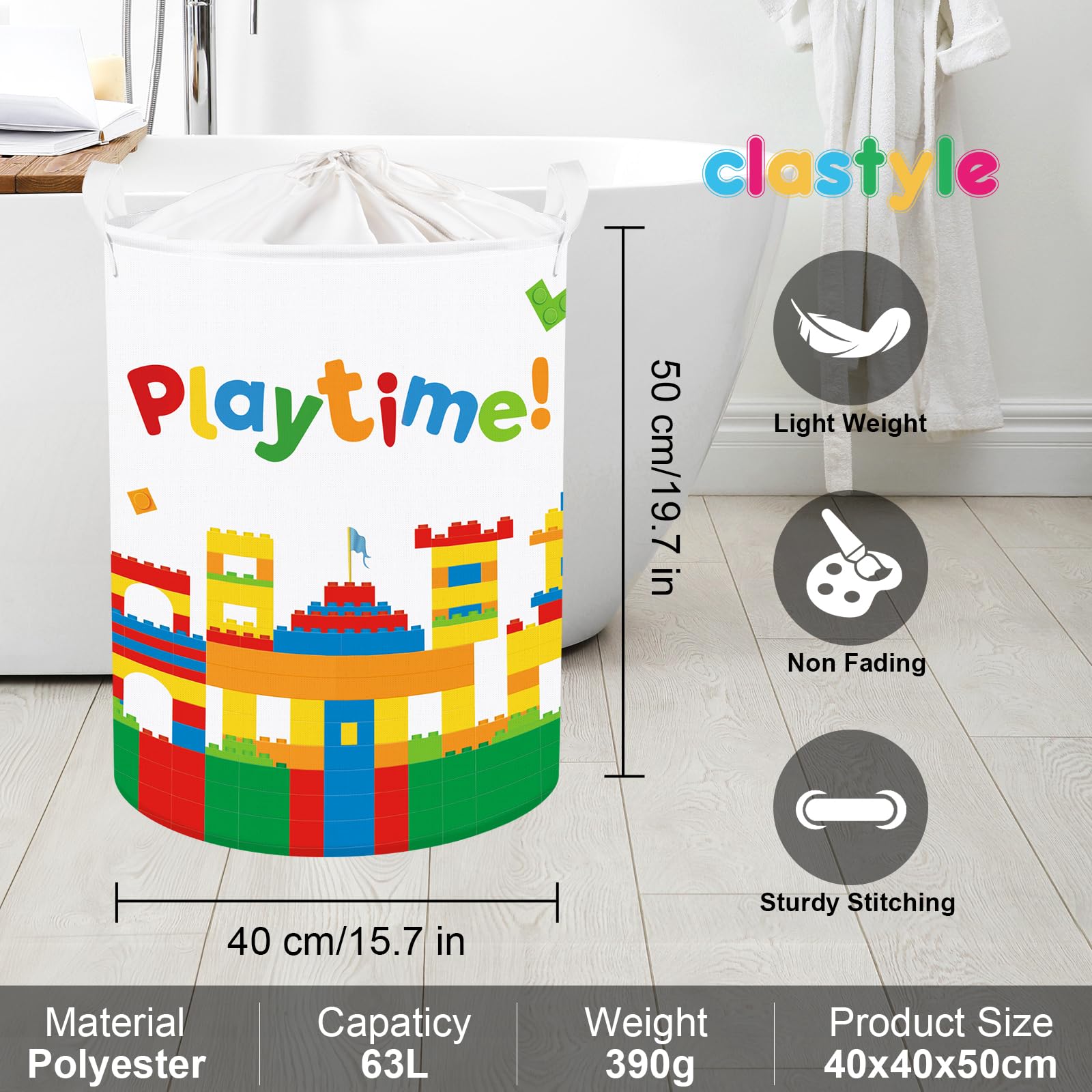 Clastyle 63L Large Building Blocks Kid Laundry Hamper with Handle Boy Girl Bedroom Bathroom Nursery Collapsible Clothes Toy Storage Basket with Lid