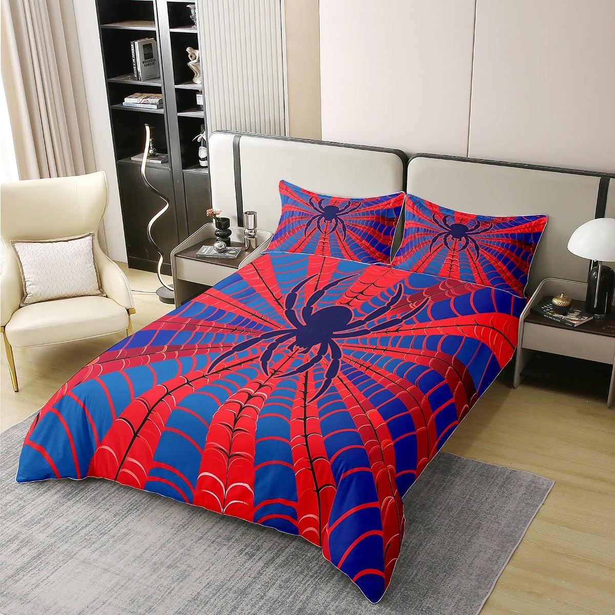 Spider Silhouette 100% Cotton Duvet Cover,Watercolor Abstract Spider Web Kids Halloween Theme Comforter Cover,Red Blue Print Cartoon Spider Web Comforter Cover 2 Pcs with 1 Pillowcase Twin