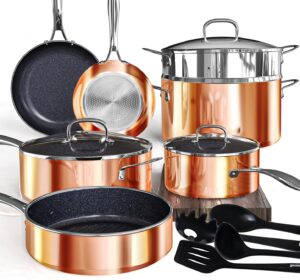 deluxe duxano 14pc healthy pots and pan with 9h anti-scratch coating, 2-layer non-stick ceramic&pfas free, sensitively&evenly induction cooking, enhanced flavor with infrared cookware, dishwasher safe