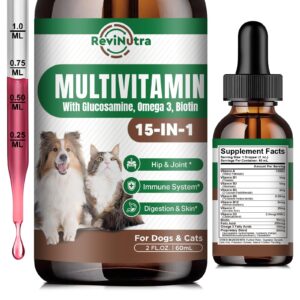 dog vitamins and supplements - dog multivitamin liquid drops, 15 in 1 pet vitamins supplement for dogs & cats - support joint, gut, immune, digestion, heart, skin & coat, 2 fl oz