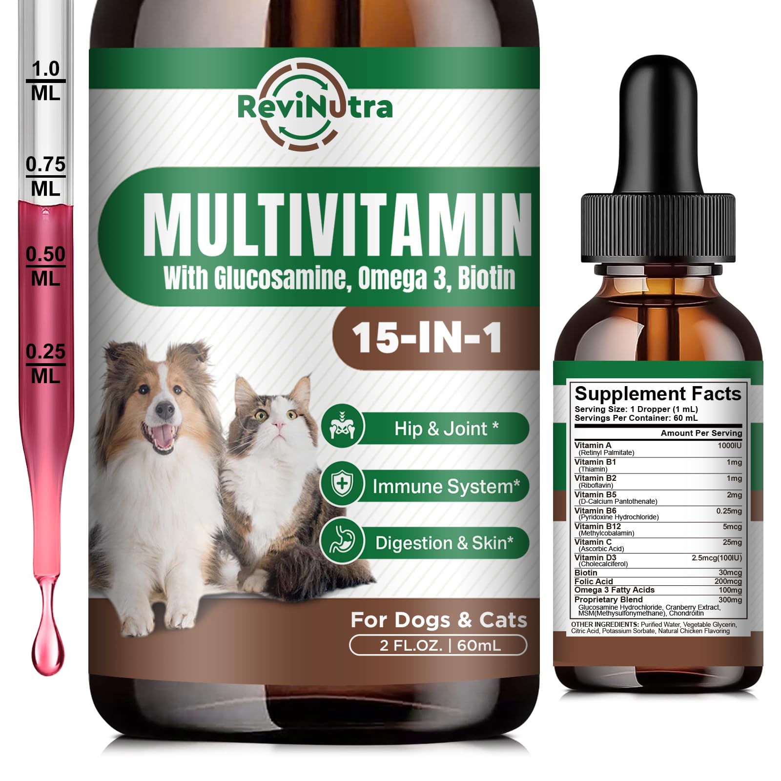 Dog Vitamins and Supplements - Dog Multivitamin Liquid Drops, 15 in 1 Pet Vitamins Supplement for Dogs & Cats - Support Joint, Gut, Immune, Digestion, Heart, Skin & Coat, 2 Fl Oz