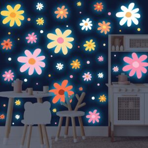 glow in the dark big daisy wall decals，glowing luminous daisy wall stickers colorful removable self-adhesive flower decals for girls bedroom kids baby nursery living room decoration