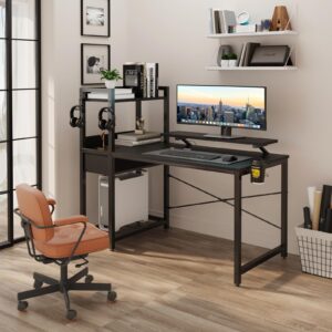 TREETALK Gaming Desk with Power Outlets & Music Strip Lights,47In Reversible Computer Desk with Storages Shelves,Wooden Drawer& CPU Stand, PC Laptop Table with Large Monitor Stand for Home Office