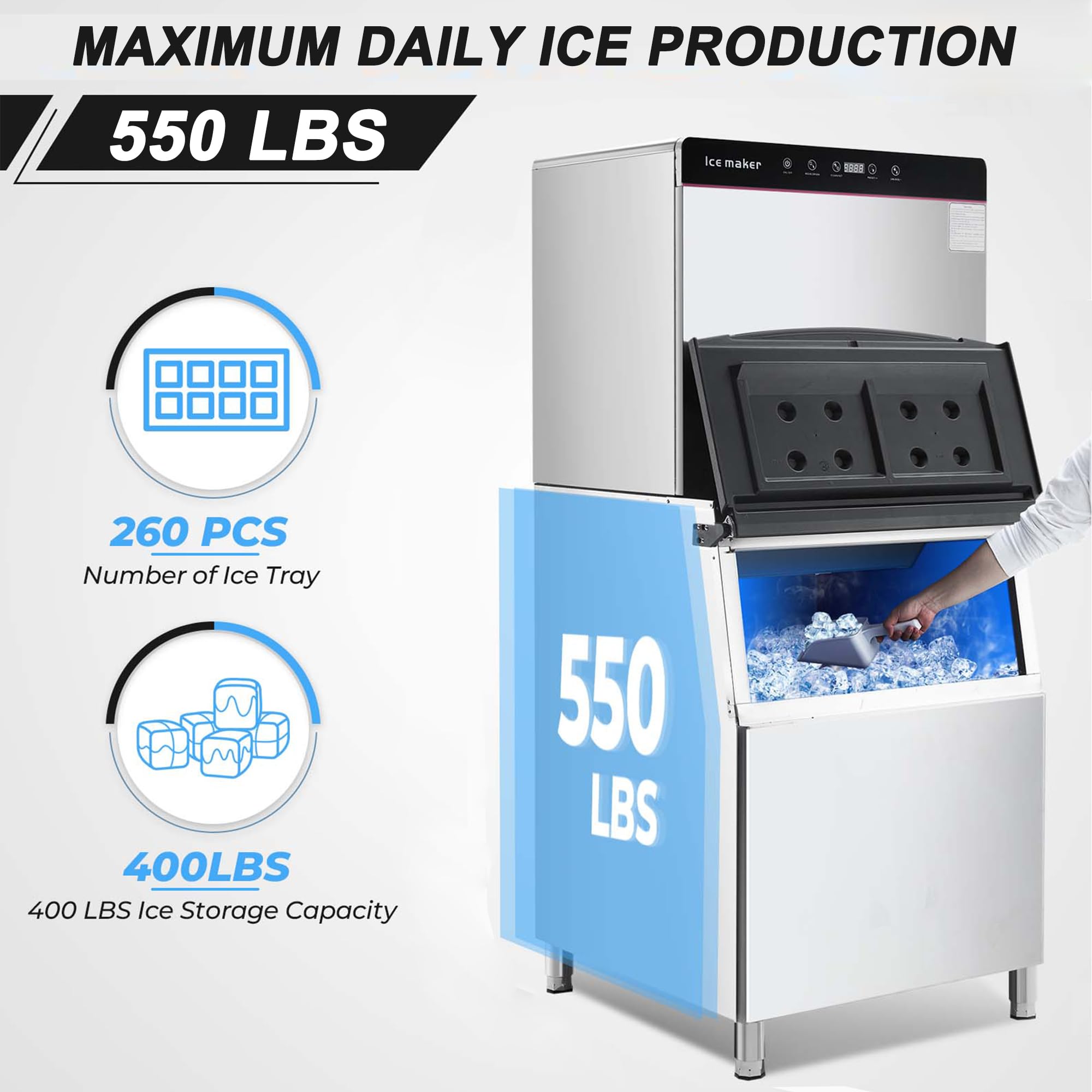 PULLAFUN Commercial Ice Maker Machine 550LBS/24H, Industrial Ice Machine with 330lbs Storage Bin, Ice ready in 8-15 min, Stainless Steel 1280W/120V, Self-Clean Ice Maker for Cafe/Bar/Restaurant