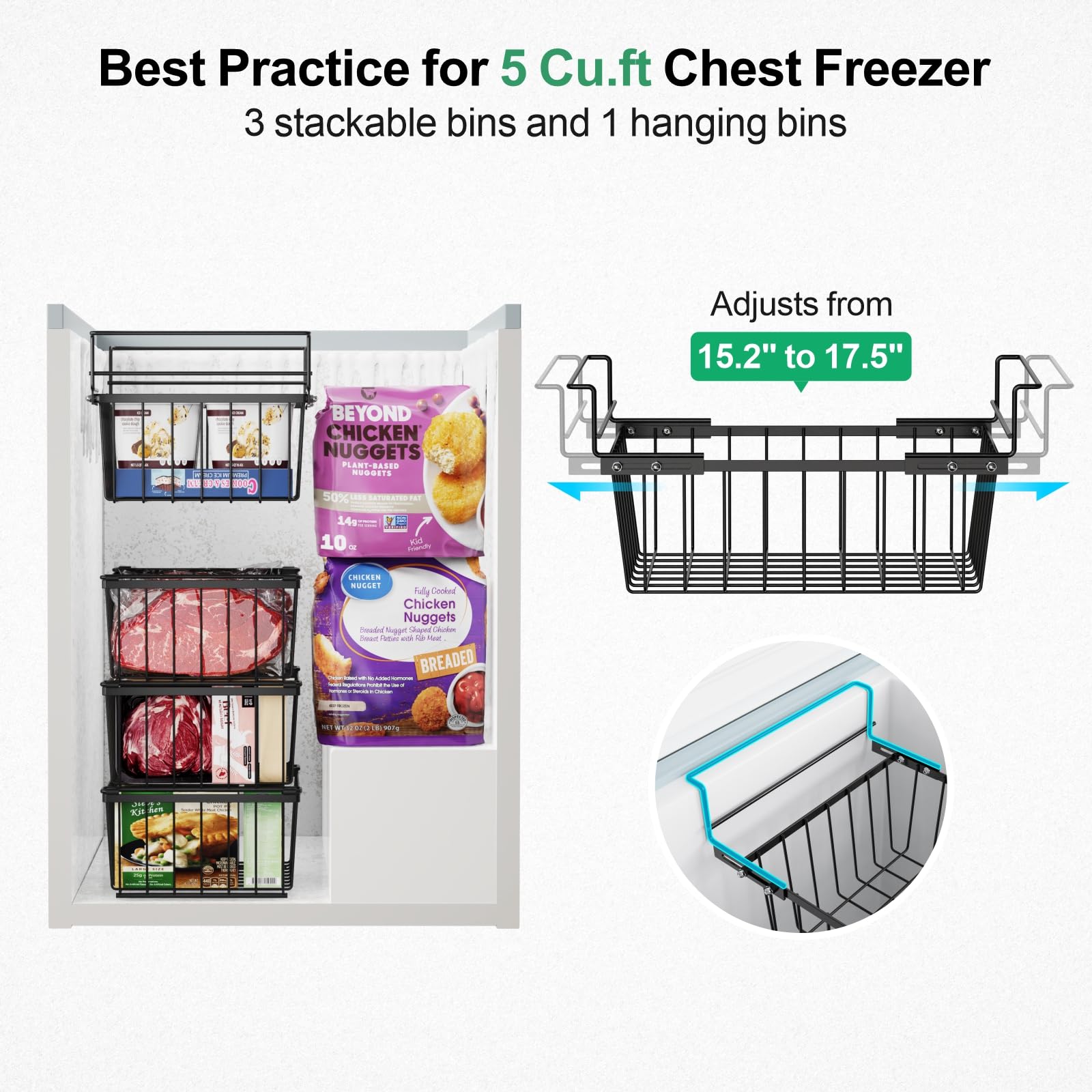 iSPECLE 4 Pack Freezer Organizer Bins - Fit 5 Cu.FT Chest Freezer, 1 Expandable Hanging Bin and 3 Pack Stackable Deep Freezer Organizer, Sort and Get Frozen Food Easily with Handle, Black