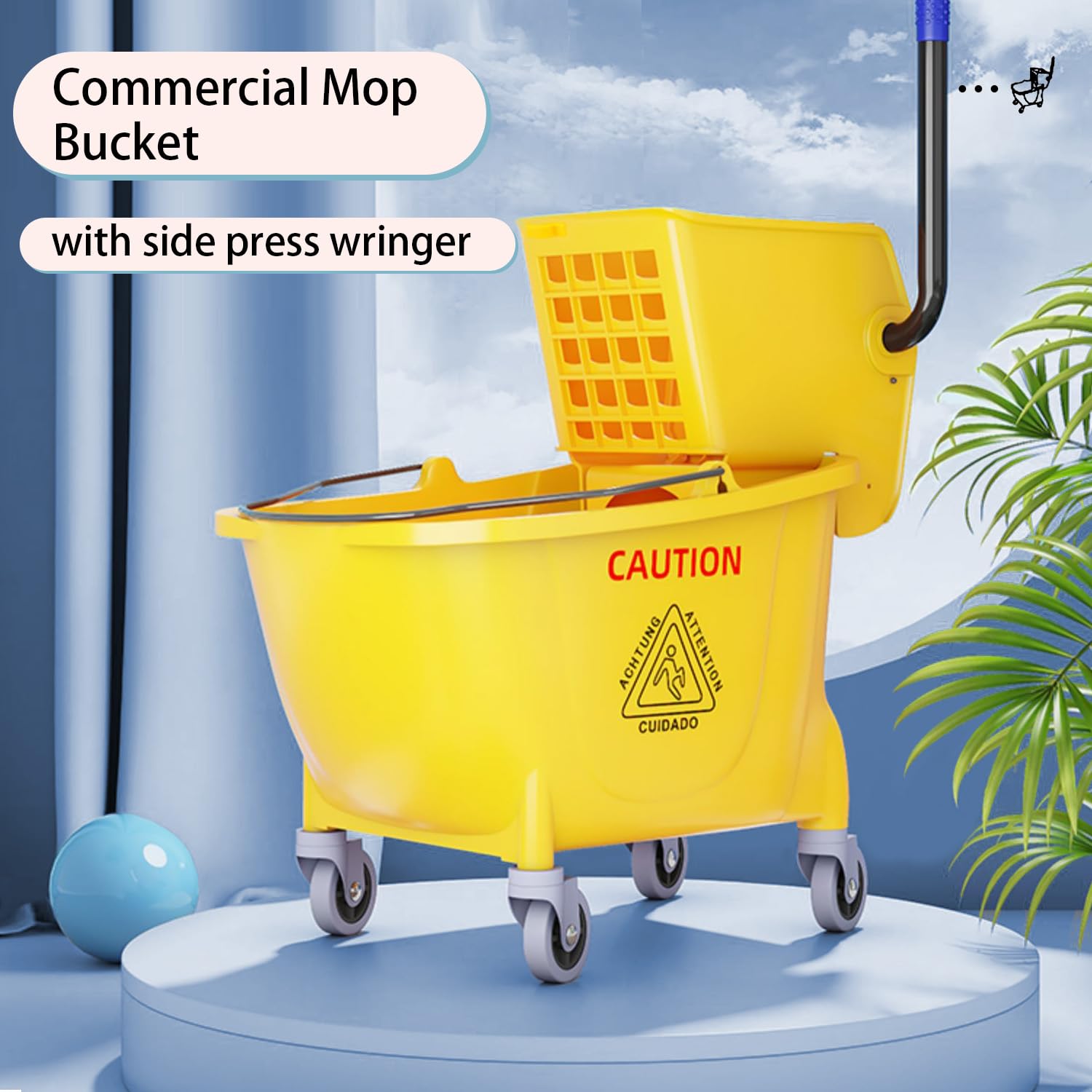 Commercial Mop Bucket with Side Press Wringer on Wheels with Industrial Heavy Duty Mop, 35-Quart, Yellow,ldeal for Household and Public Places Floor