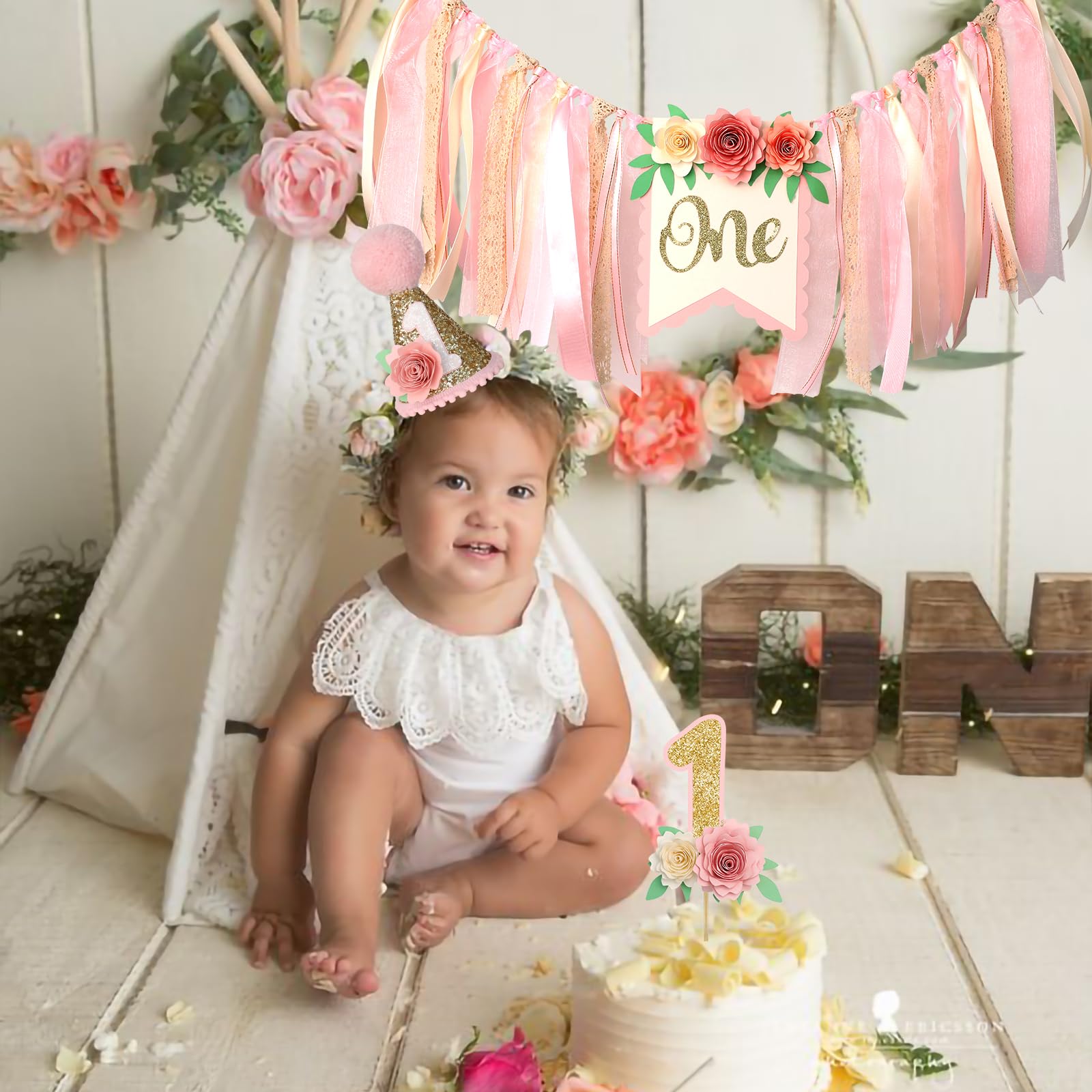 Dusty Pink 1st Birthday High Chair Floral Banner Decor Boho Floral 1st Birthday Hat Decorations 1st Birthday Cake Topper Baby Girl Banner Baby Shower Wall Hangings Decorative For Kids Bedroom