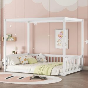 full size canopy bed frame with guardrails for kids,floor bed full with four poster design,kids montessori floor bed,wood canopy bed frame for girls,boys(full,white)