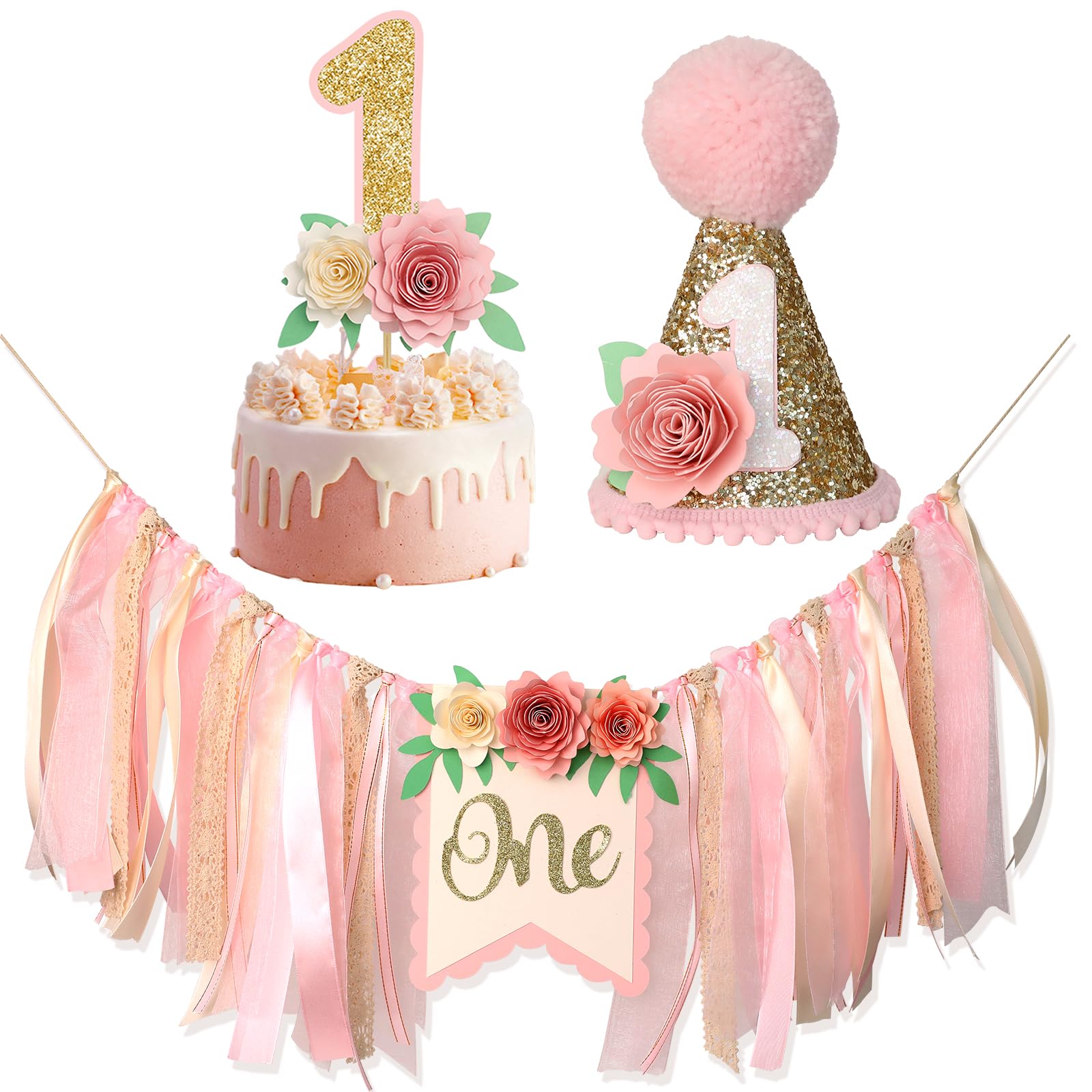 Dusty Pink 1st Birthday High Chair Floral Banner Decor Boho Floral 1st Birthday Hat Decorations 1st Birthday Cake Topper Baby Girl Banner Baby Shower Wall Hangings Decorative For Kids Bedroom