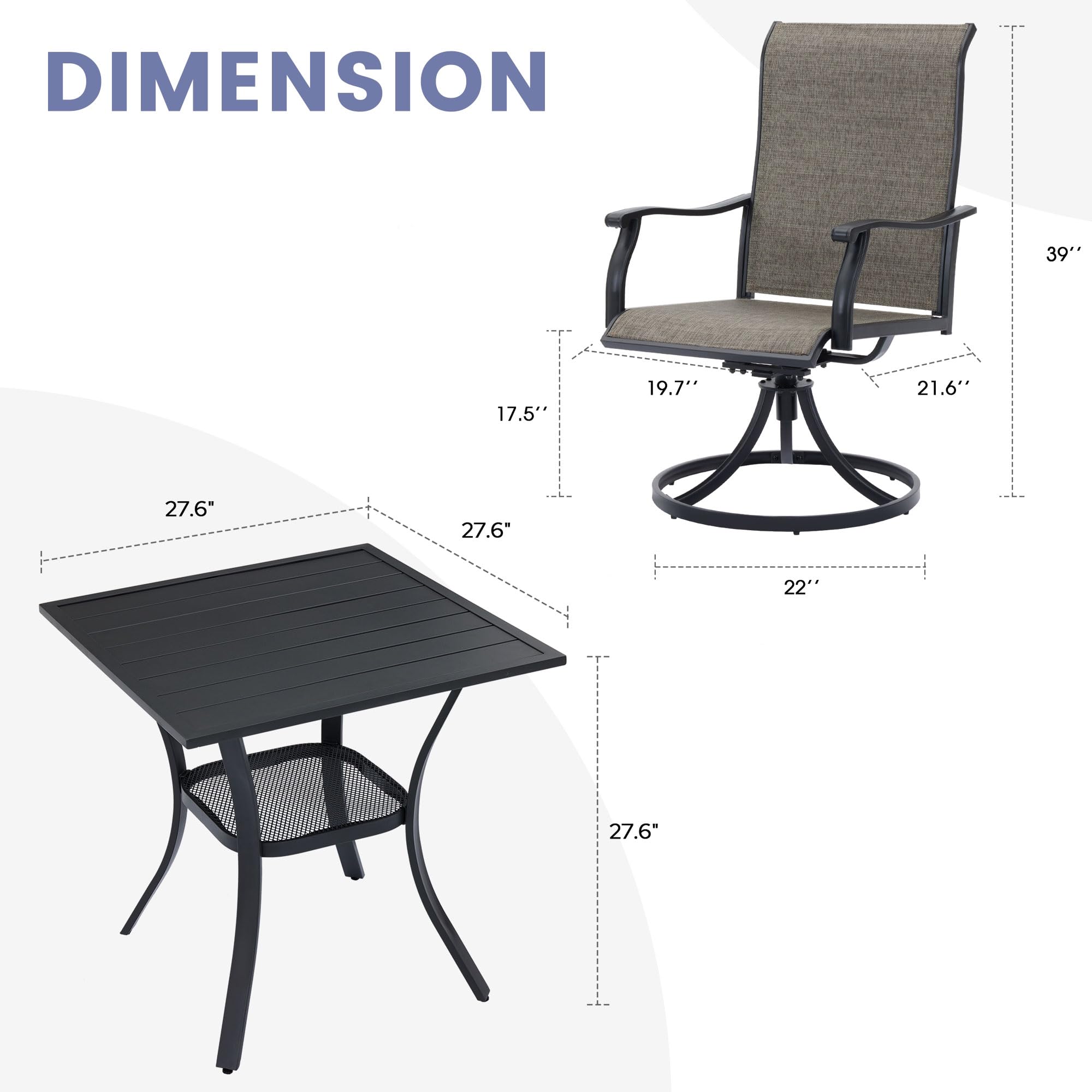 VICLLAX 3 Pieces Small Patio Dining Set, Patio Furniture with 2 Patio Swivel Dining Chairs and Black Patio Dining Table