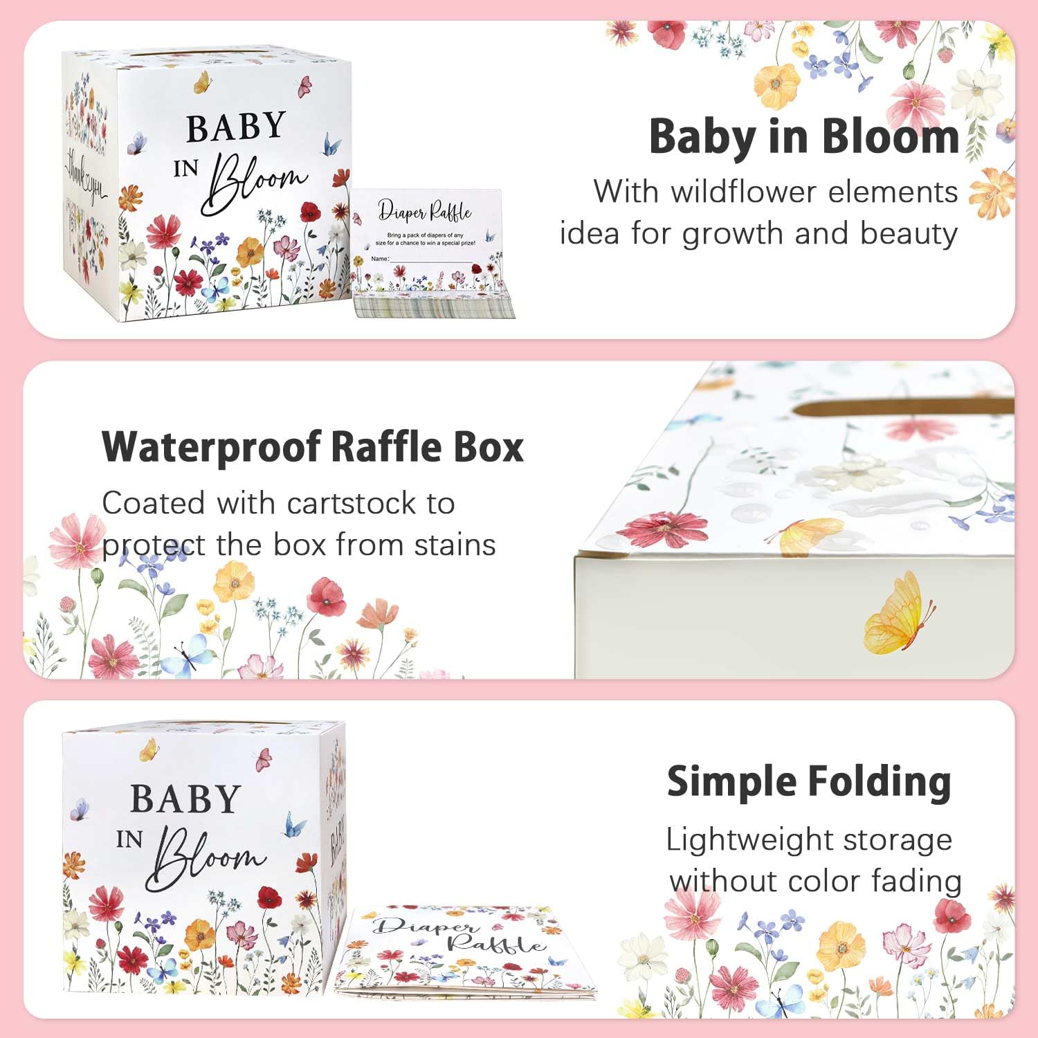 Heboland Baby in Bloom Baby Shower Decorations Diaper Raffle Box with 50 Tickets, Girls Wildflower Diaper Raffle Card Box Games Kit