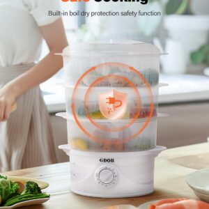 GDOR 3 Tier Electric Food Steamer for Cooking, 800W Vegetable Steamer for Fast Simultaneous Cooking, Boil Dry Protection, Dishwasher Safe, 60-Minute Timer, BPA-Free, 9.6 QT, White