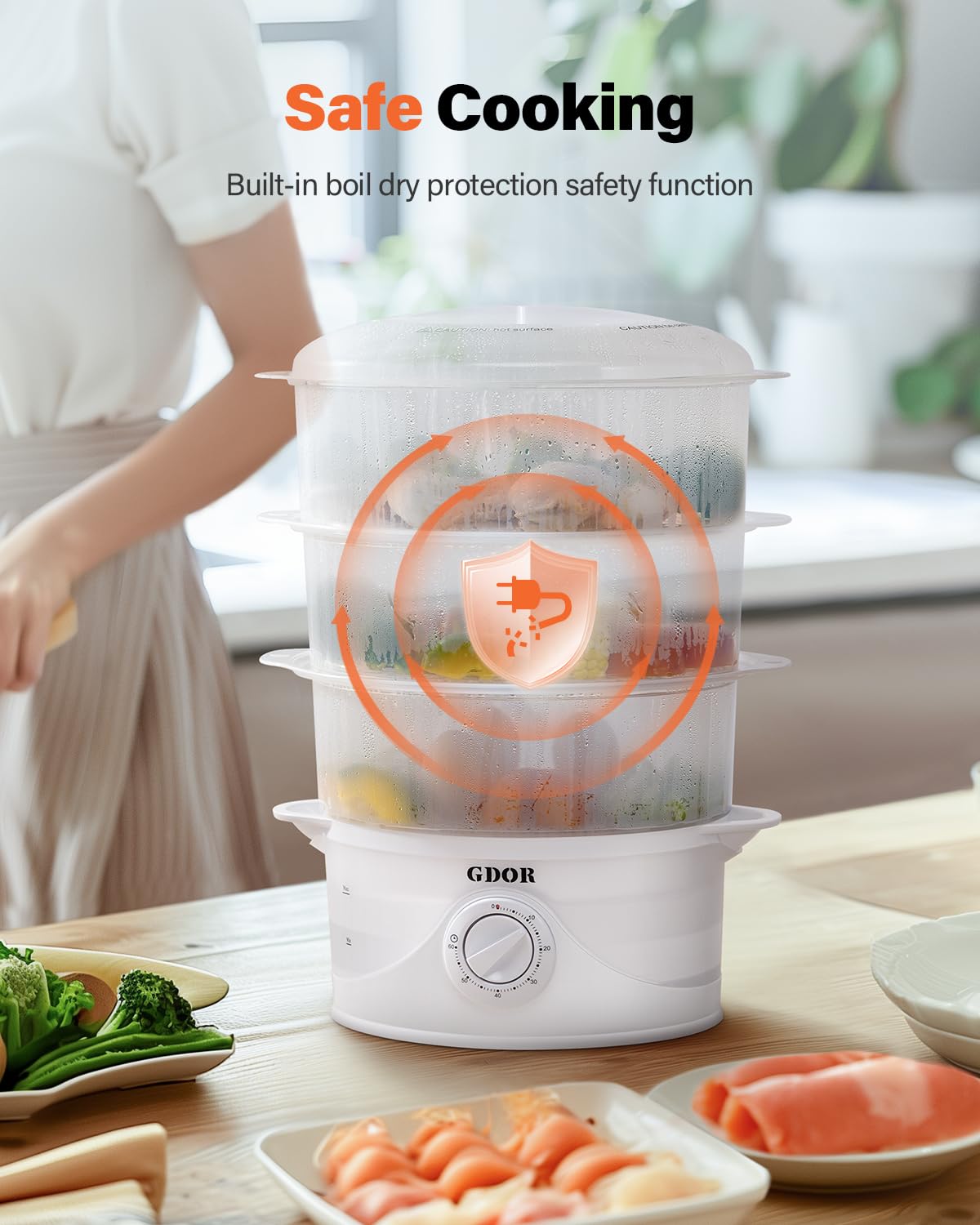 GDOR 3 Tier Electric Food Steamer for Cooking, 800W Vegetable Steamer for Fast Simultaneous Cooking, Boil Dry Protection, Dishwasher Safe, 60-Minute Timer, BPA-Free, 9.6 QT, White