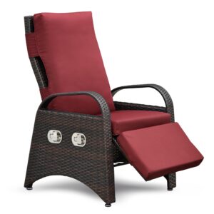 skypatio outdoor patio recliner chair, independently adjustable backrest and footrest all-weather wicker patio reclining lounge chair with flip side table, red