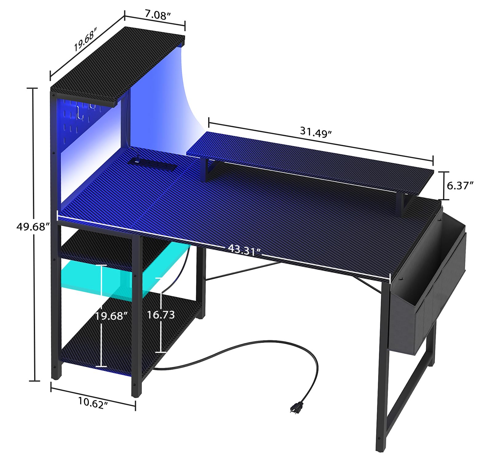 Homieasy Gaming Desk with Power Outlets & Pegboard & Led Light, 43 Inch Computer Desk with Reversible Storage Shelves & Side Storage Bag, PC Gamer Desk with Hutch & Monitor Stand, Carbon Fiber Black