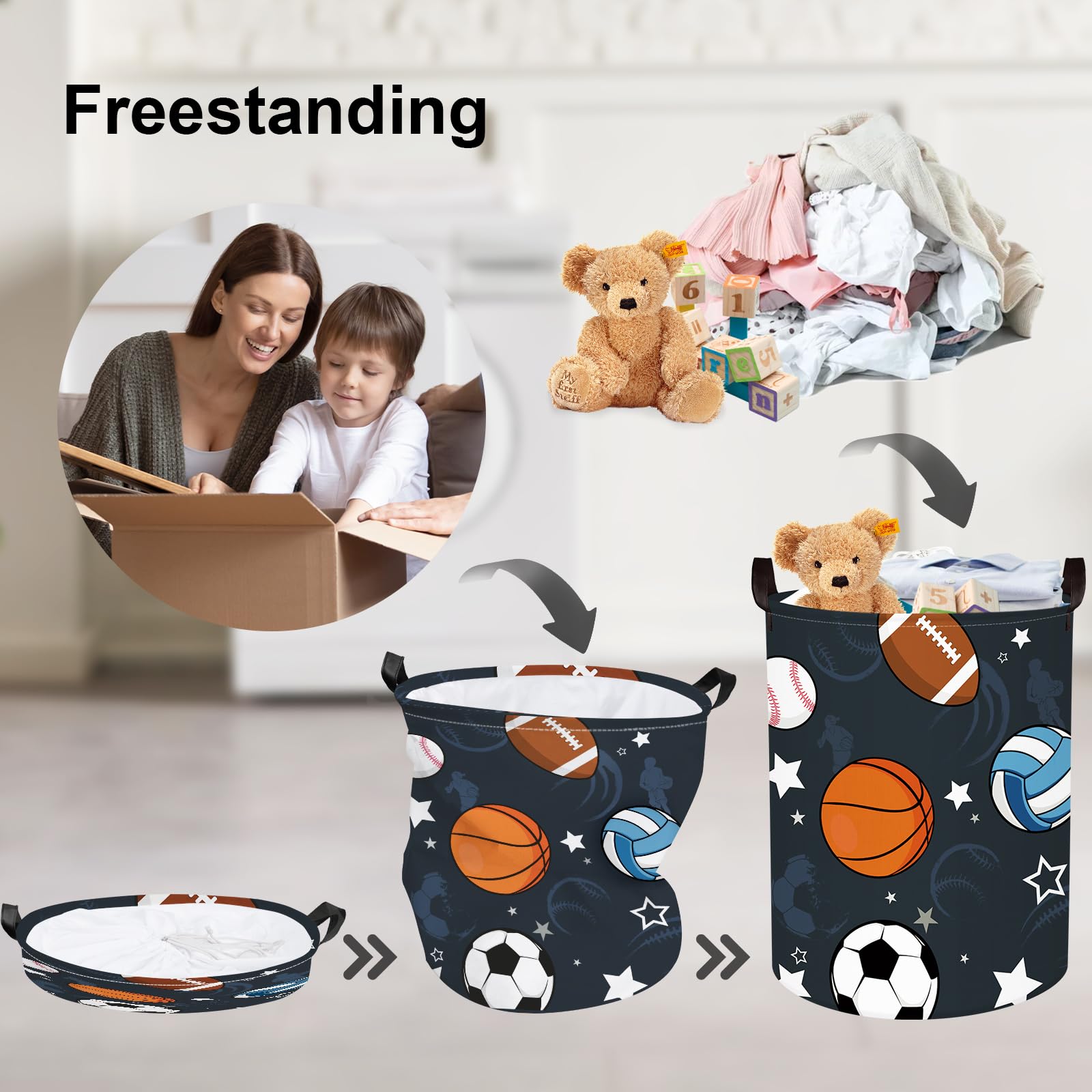 Clastyle 63L Large Sport Balls Kid Laundry Hamper with Handle for Boy Collapsible Clothes Toy Storage Basket with Lid for Bedroom Bathroom Nursery