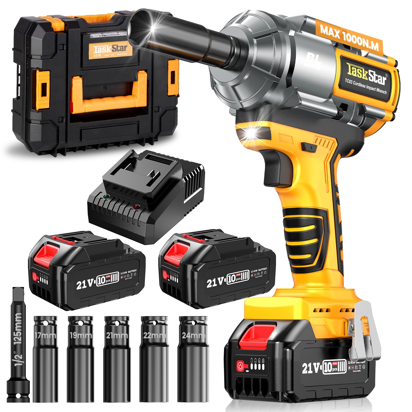 1/2 in. Cordless Impact Wrench 1000N.m(738ft-lbs), 21V Electric Power Impact Gun, 2x 4.0Ah Battery, Fast Charger & 5 Sockets, Brushless Motor with Variable Speed Trigger for Car/Truck RV/Tractor/Tire