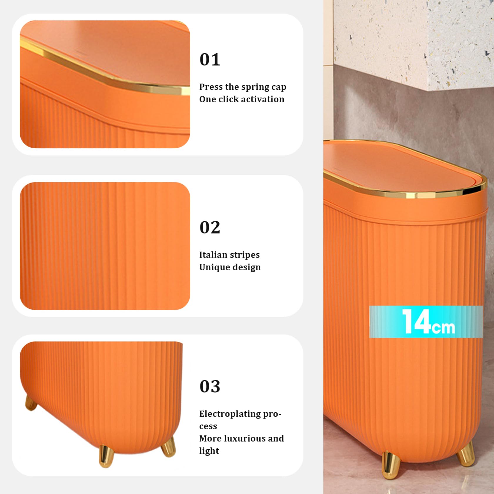 bbJJbbY Bathroom Trash Can Slim Trash Can 3.2 Gallons Kitchen Garbage Can with Press Top Lid Plastic Trash Bin Waste Basket for Bedroom, Office, Living Room Orange Home Supplies