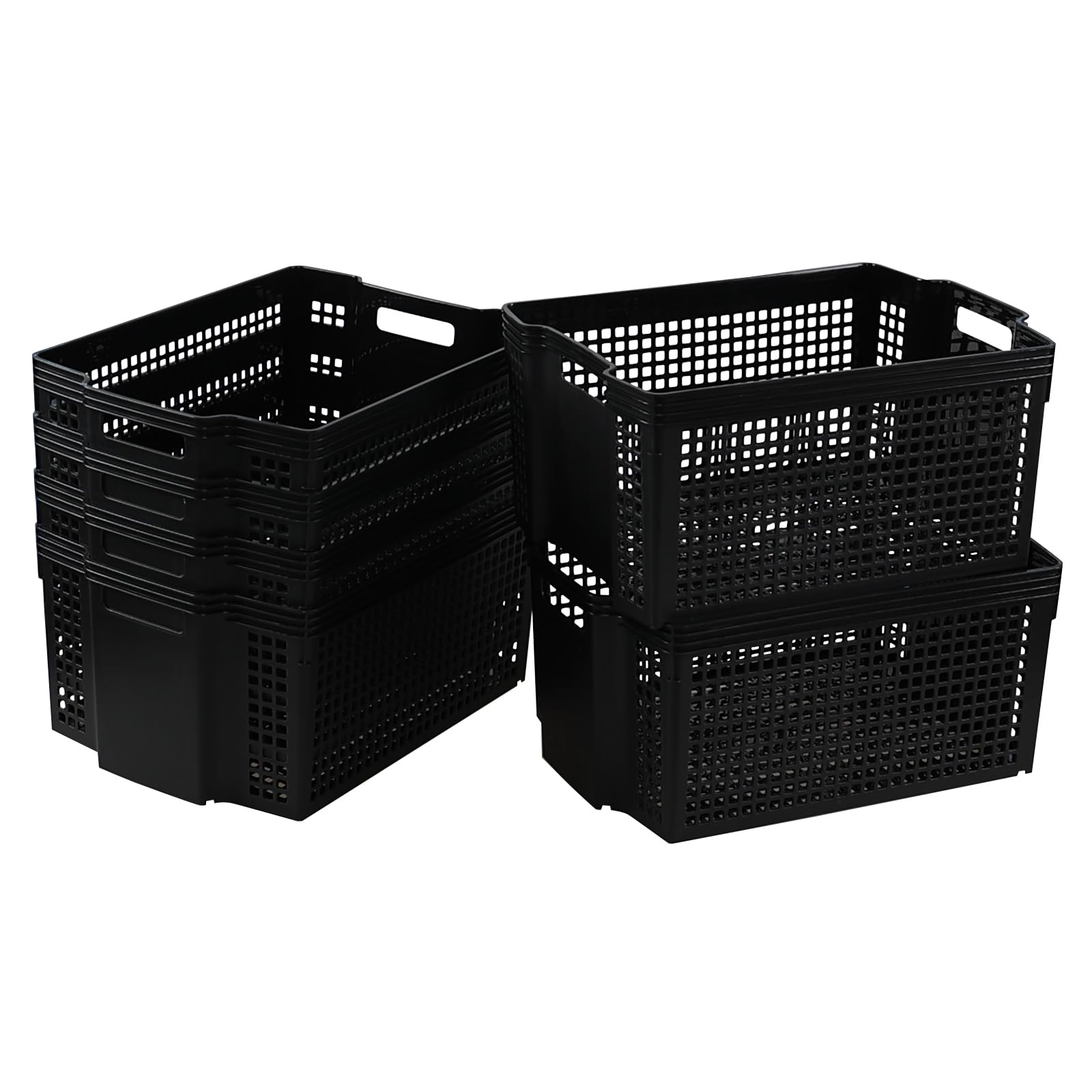 CadineUS 6-Pack Stackable Open Storage Baskets, Large Plastic Cupboard Baskets, Black