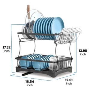 Jkdream Dish Drying Rack, 2 Tier Dish Racks for Kitchen Counter, Large Stainless Steel Kitchen Dish Drying Rack,Detachable Large Capacity Dish Drainer Organizer with Utensil Holder, Drain Board,Black