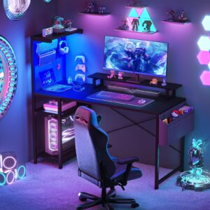 Homieasy Gaming Desk with Power Outlets & Pegboard & Led Light, 43 Inch Computer Desk with Reversible Storage Shelves & Side Storage Bag, PC Gamer Desk with Hutch & Monitor Stand, Carbon Fiber Black