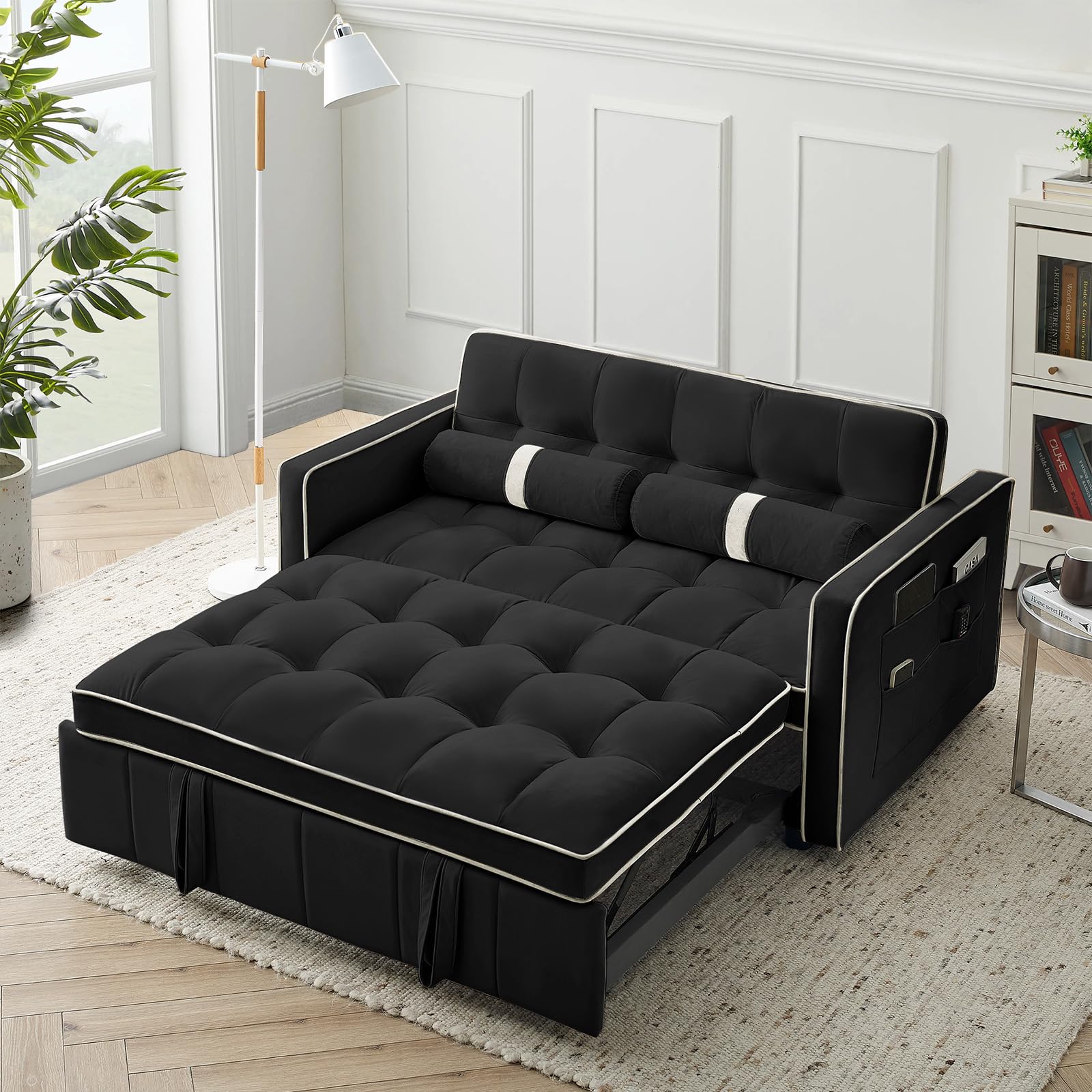 3-in-1 Convertible Sleeper Sofa Bed,55.5" Modern Tufted Velvet Pull Out Couch Bed,Futon Small Love Seat Sofa with Adjustable Backrest&Cylinder Pillows for Living Room,Apartment,Small Places(Black)