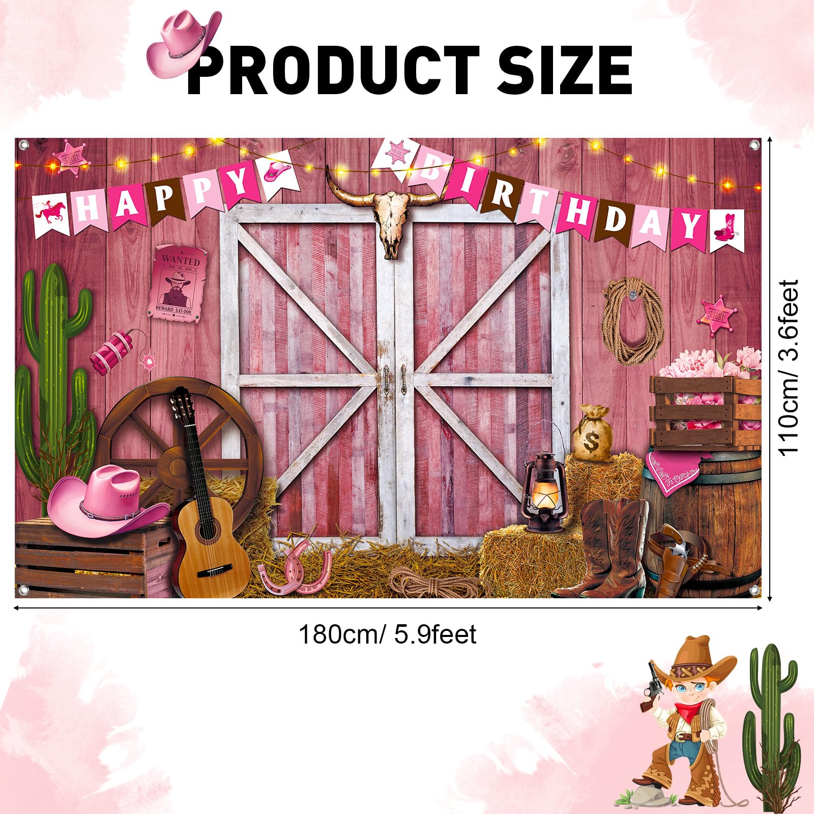 Breling Western Cowgirl Birthday Banner Cowboy Backdrop Photography Booth Prop Pink Cowgirl Party Background for Cowgirl Birthday Baby Shower Party Decorations Supplies, 71 x 43 Inch