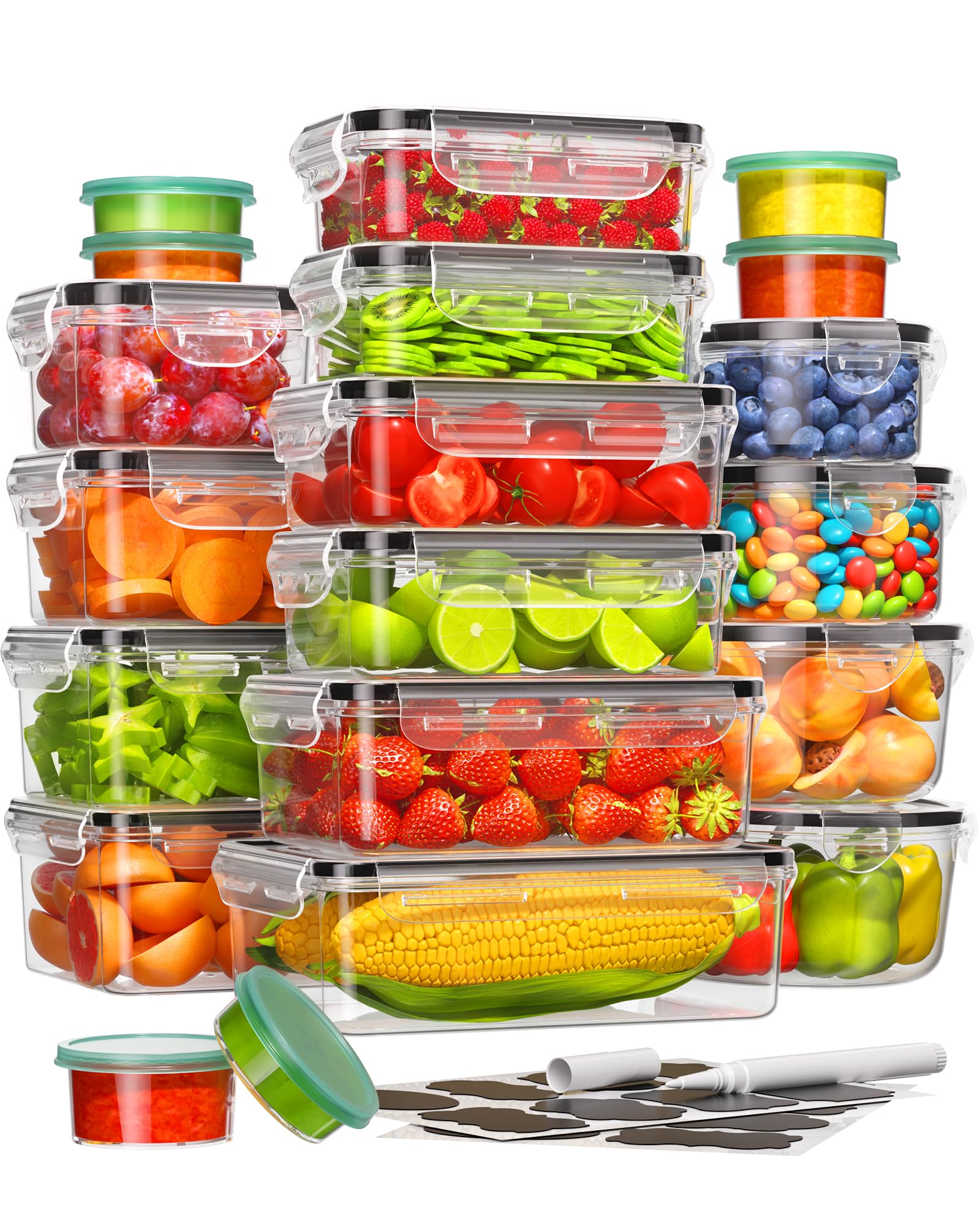 40 Piece Food Storage Containers with Lids(20 Containers & 20 Lids), Plastic Food Containers with Lids for Kitchen Storage and Organization Includes Labels & Pen