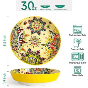 KitchenTour Pasta Bowls, 30 oz Large Ceramic Salad Bowls Set of 6, Colorful Porcelain Serving Bowl Set - 8.2 Inch Wide and Shallow Bowl for Kitchen - Dishwasher and Microwave Safe