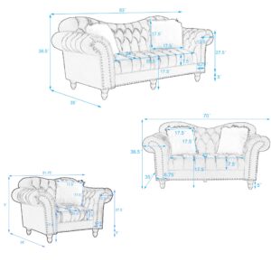 ERYE 3 Pieces Luxury Chesterfield Sofa Sets Velvet Upholstered Button Tufted Sofa&Couch Include 3-Seaters Couch, Loveseat and Armchair with Copper Nail Decor, 5 Villose Pillows for Living Room